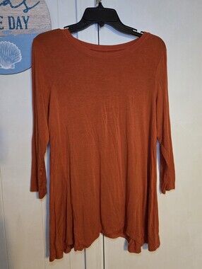 New Directions Rust Knit Tunic Blouse S Stretch 3/4 Sleeve Relaxed Fit